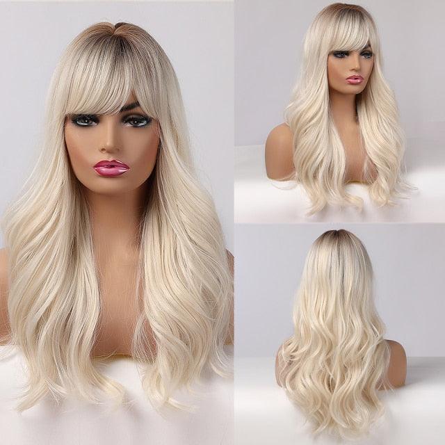 Curly Synthetic Wigs for White Women Medium Length Ombre Brown Blonde Wigs with Bangs High Temperature Cosplay Hair Wigs For Black Women Halloween Party Stevvex