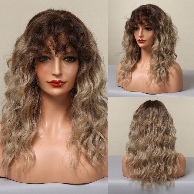 Curly Synthetic Wigs for White Women Medium Length Ombre Brown Blonde Wigs with Bangs High Temperature Cosplay Hair Wigs For Black Women Halloween Party Stevvex
