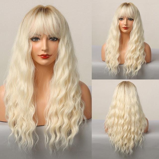 Curly Synthetic Wigs for White Women Medium Length Ombre Brown Blonde Wigs with Bangs High Temperature Cosplay Hair Wigs For Black Women Halloween Party Stevvex