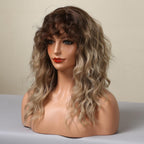 Curly Synthetic Wigs for White Women Medium Length Ombre Brown Blonde Wigs with Bangs High Temperature Cosplay Hair Wigs For Black Women Halloween Party Stevvex