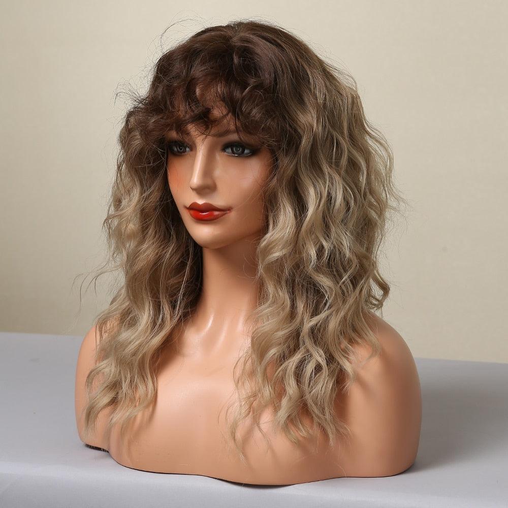 Curly Synthetic Wigs for White Women Medium Length Ombre Brown Blonde Wigs with Bangs High Temperature Cosplay Hair Wigs For Black Women Halloween Party Stevvex