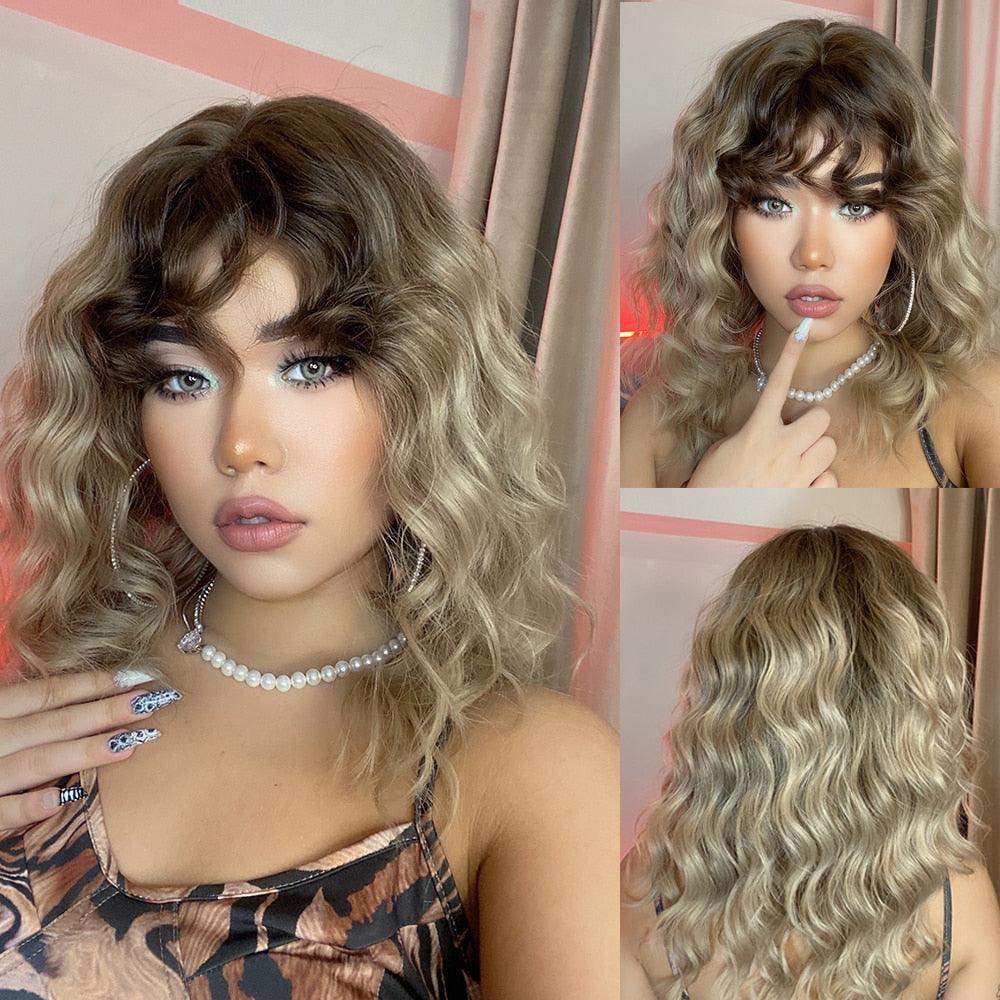 Curly Synthetic Wigs for White Women Medium Length Ombre Brown Blonde Wigs with Bangs High Temperature Cosplay Hair Wigs For Black Women Halloween Party Stevvex