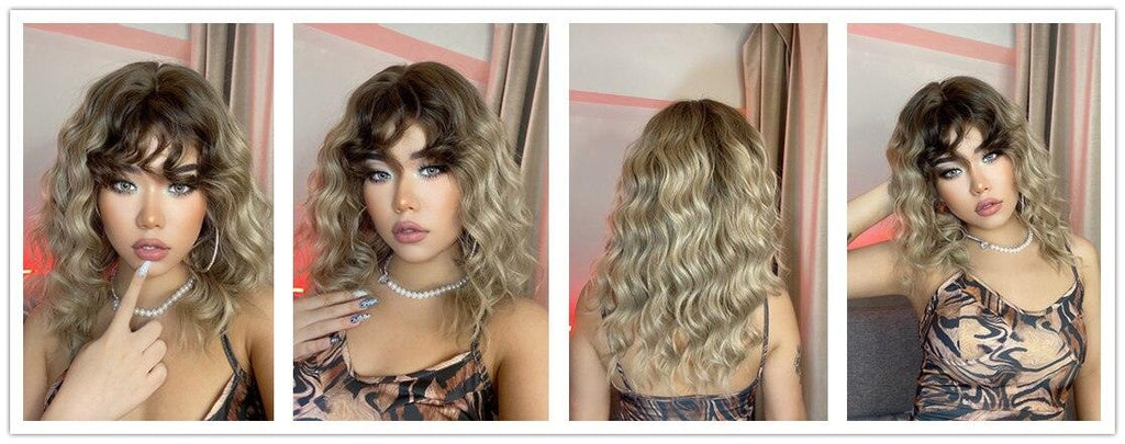 Curly Synthetic Wigs for White Women Medium Length Ombre Brown Blonde Wigs with Bangs High Temperature Cosplay Hair Wigs For Black Women Halloween Party Stevvex