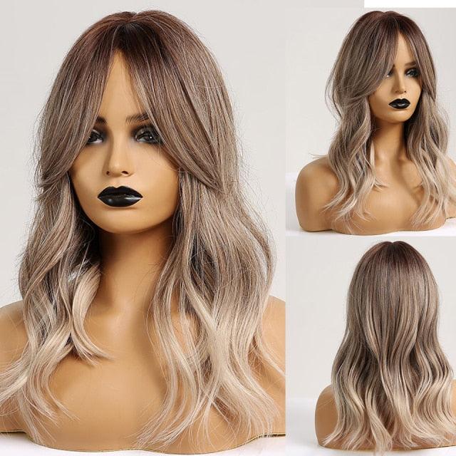 Curly Synthetic Wigs for White Women Medium Length Ombre Brown Blonde Wigs with Bangs High Temperature Cosplay Hair Wigs For Black Women Halloween Party Stevvex