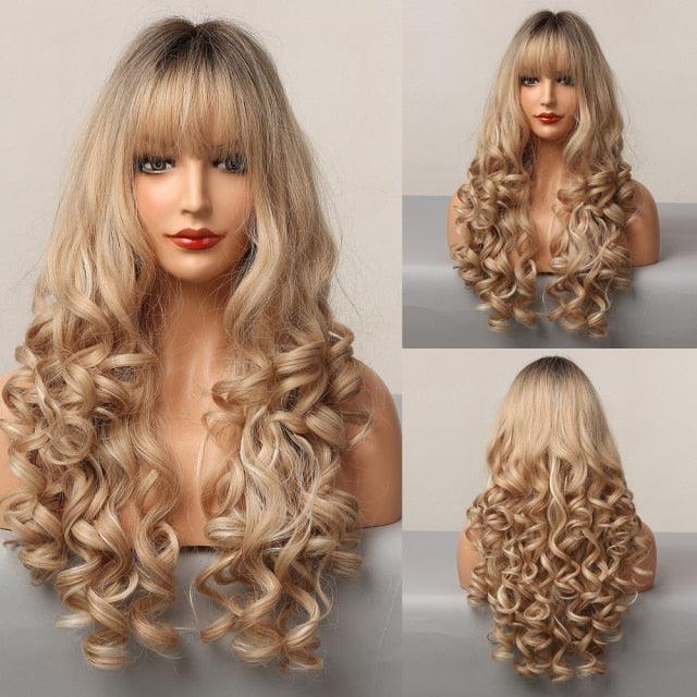 Curly Synthetic Wigs for White Women Medium Length Ombre Brown Blonde Wigs with Bangs High Temperature Cosplay Hair Wigs For Black Women Halloween Party Stevvex