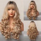 Curly Synthetic Wigs for White Women Medium Length Ombre Brown Blonde Wigs with Bangs High Temperature Cosplay Hair Wigs For Black Women Halloween Party Stevvex