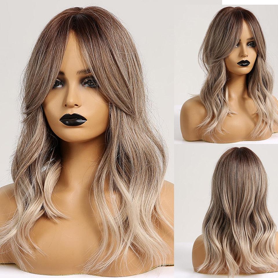Curly Synthetic Wigs for White Women Medium Length Ombre Brown Blonde Wigs with Bangs High Temperature Cosplay Hair Wigs For Black Women Halloween Party Stevvex