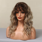 Curly Synthetic Wigs for White Women Medium Length Ombre Brown Blonde Wigs with Bangs High Temperature Cosplay Hair Wigs For Black Women Halloween Party Stevvex
