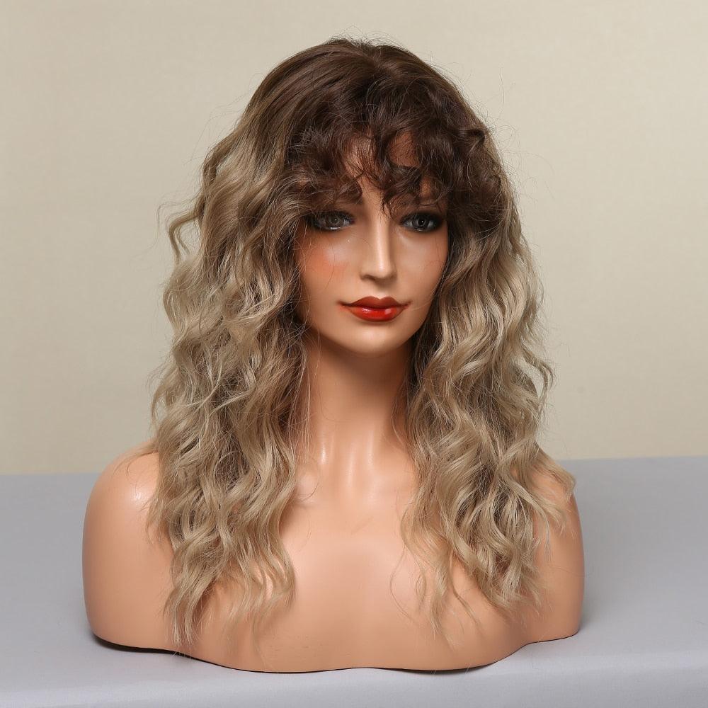Curly Synthetic Wigs for White Women Medium Length Ombre Brown Blonde Wigs with Bangs High Temperature Cosplay Hair Wigs For Black Women Halloween Party Stevvex