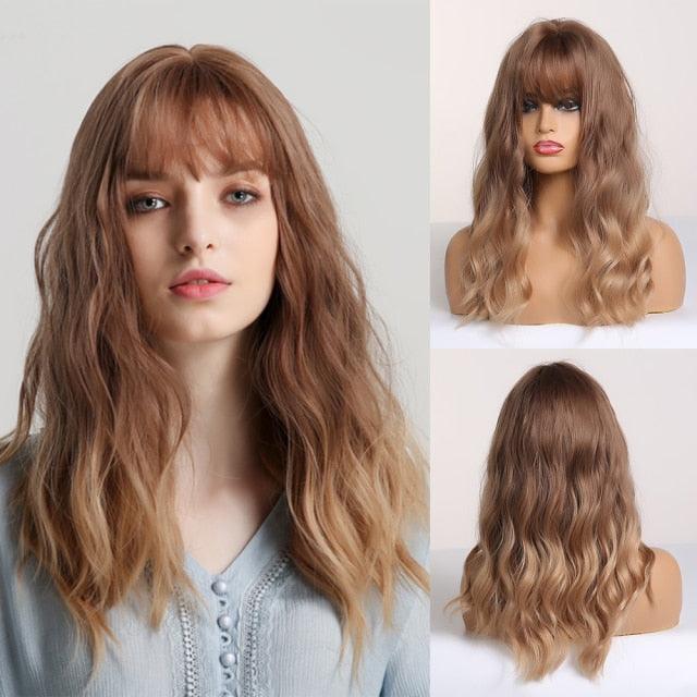 Curly Synthetic Wigs for White Women Medium Length Ombre Brown Blonde Wigs with Bangs High Temperature Cosplay Hair Wigs For Black Women Halloween Party Stevvex