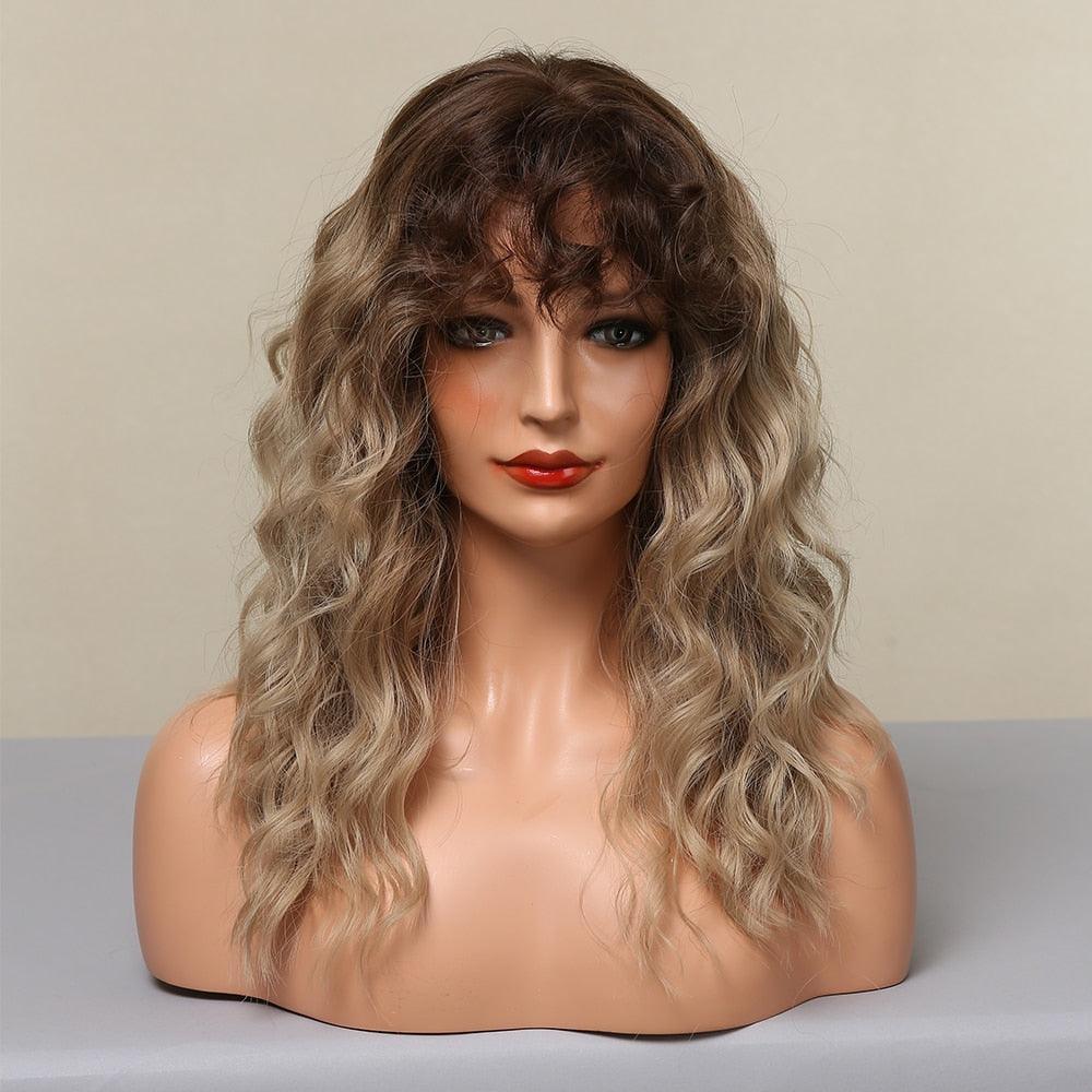 Curly Synthetic Wigs for White Women Medium Length Ombre Brown Blonde Wigs with Bangs High Temperature Cosplay Hair Wigs For Black Women Halloween Party Stevvex