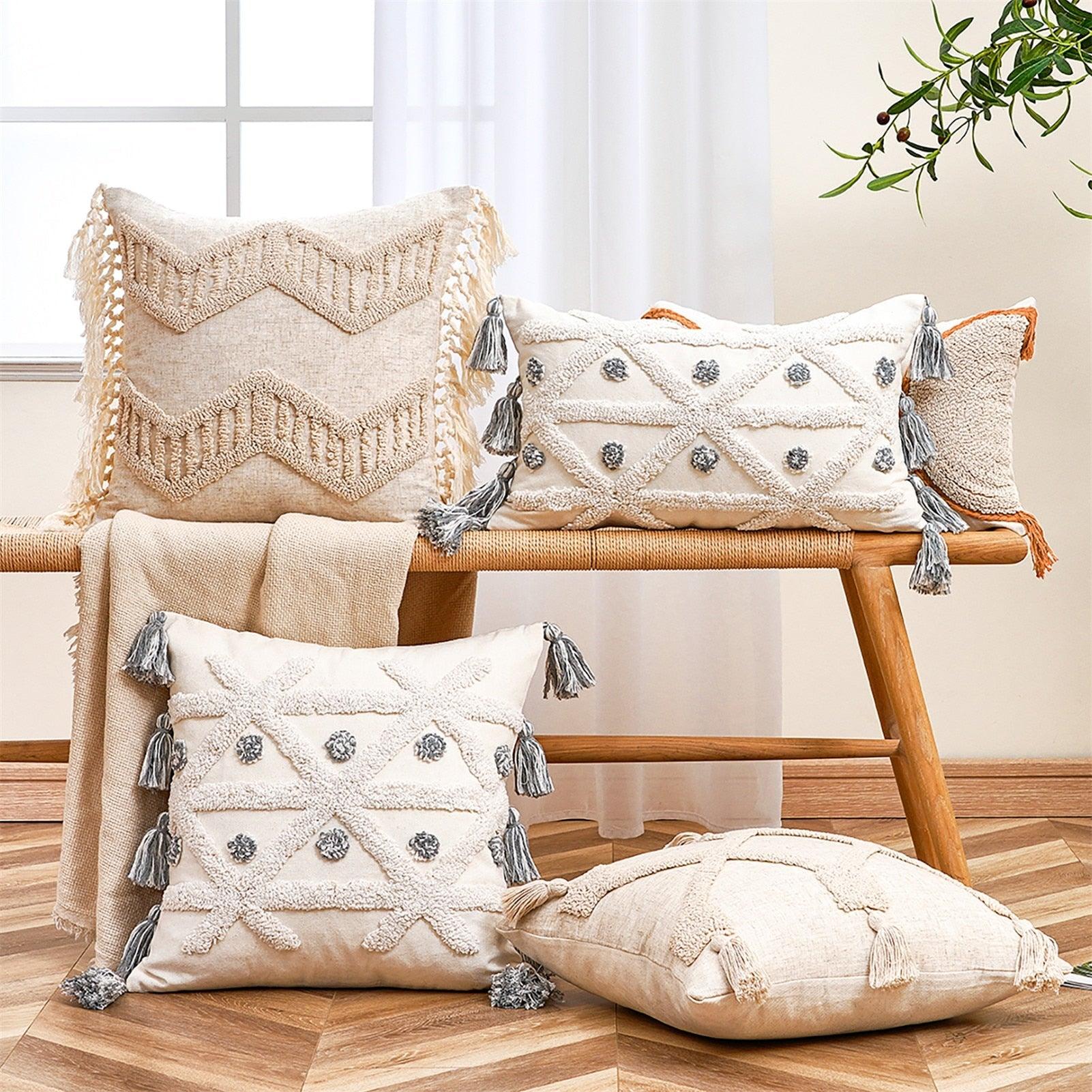 Cushion Cover Cotton Linen Pillowcase Tufted Beige Decorative Fashionable Cotton Hand-Woven Throw Pillow Covers Tufted  Pillow Covers  Bedroom Throw Pillow Cushion For Bed Home Stevvex