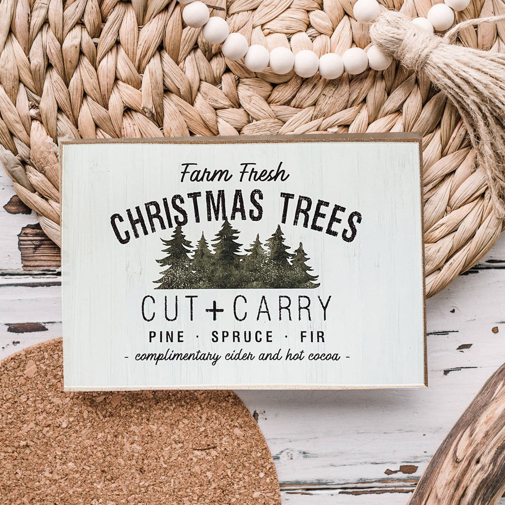 Farm Fresh Christmas Trees Cut And Carry Rustic 6x4x1 Wooden Block Sign Winter Holiday Decor BandsCo Straps
