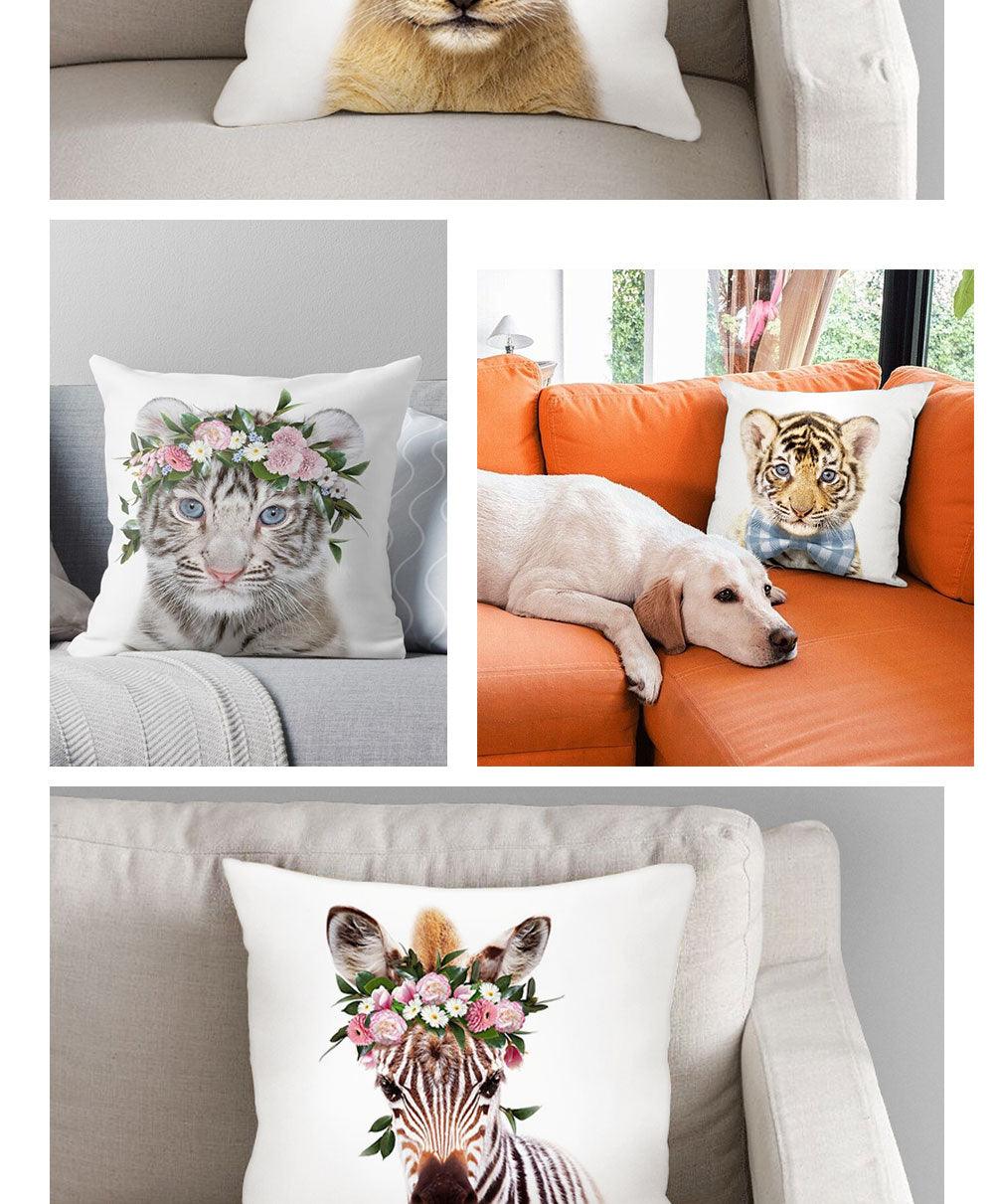 Cute Baby Animals Pattern Pillow Case Cotton Linen Cushion Cover for Home Sofa Pillow Covers, Cushion Covers Tiger Bunny Rabbit Horse Sheep Bear With Head Flowers Decorative Velvet Pillow Covers 45X45CM Stevvex
