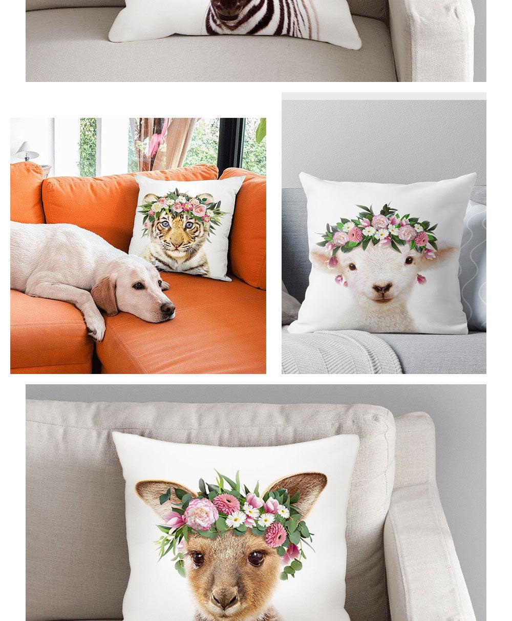 Cute Baby Animals Pattern Pillow Case Cotton Linen Cushion Cover for Home Sofa Pillow Covers, Cushion Covers Tiger Bunny Rabbit Horse Sheep Bear With Head Flowers Decorative Velvet Pillow Covers 45X45CM Stevvex