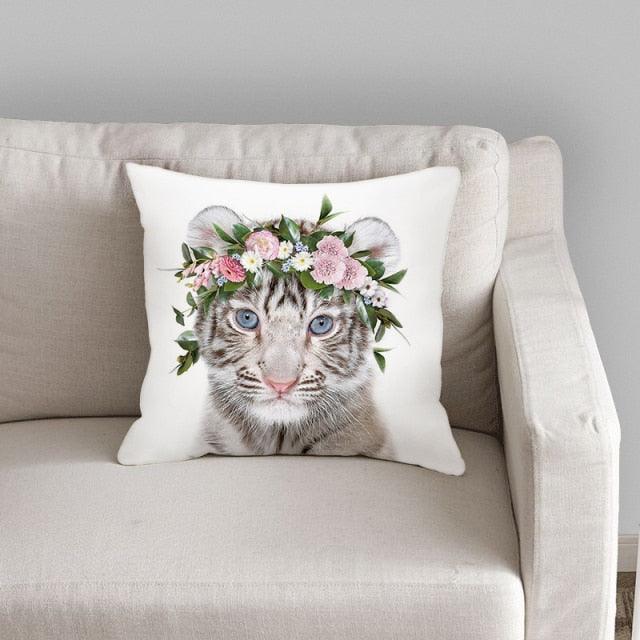 Cute Baby Animals Pattern Pillow Case Cotton Linen Cushion Cover for Home Sofa Pillow Covers, Cushion Covers Tiger Bunny Rabbit Horse Sheep Bear With Head Flowers Decorative Velvet Pillow Covers 45X45CM Stevvex