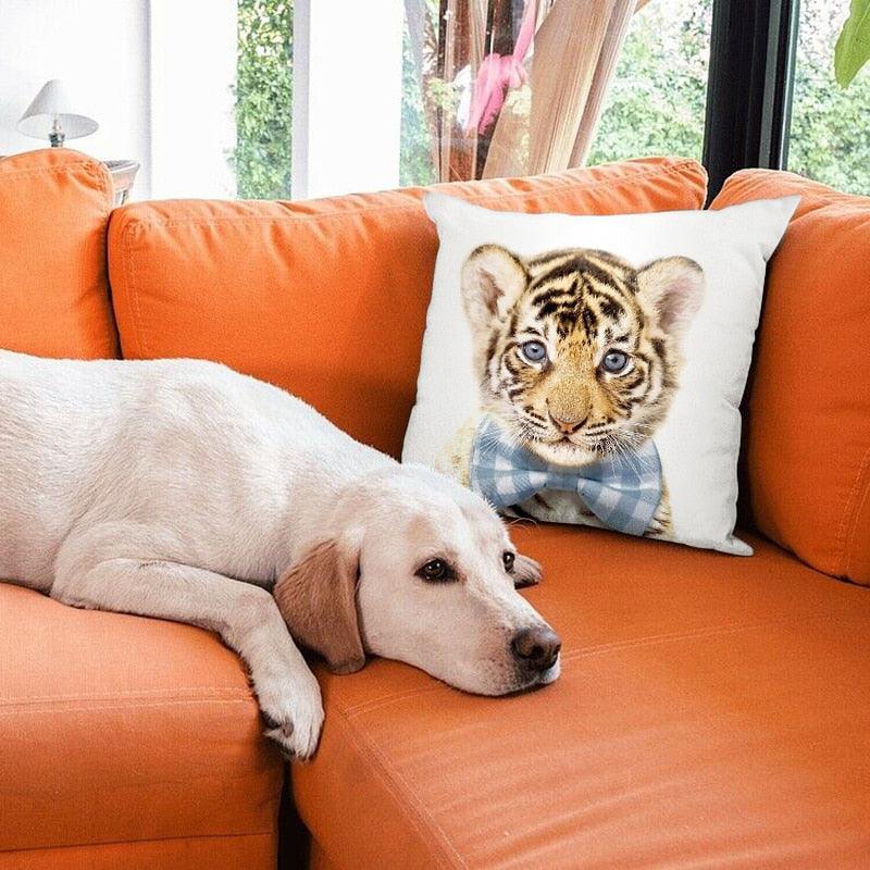 Cute Baby Animals Pattern Pillow Case Cotton Linen Cushion Cover for Home Sofa Pillow Covers, Cushion Covers Tiger Bunny Rabbit Horse Sheep Bear With Head Flowers Decorative Velvet Pillow Covers 45X45CM Stevvex