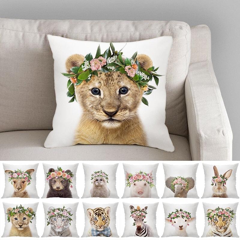 Cute Baby Animals Pattern Pillow Case Cotton Linen Cushion Cover for Home Sofa Pillow Covers, Cushion Covers Tiger Bunny Rabbit Horse Sheep Bear With Head Flowers Decorative Velvet Pillow Covers 45X45CM Stevvex