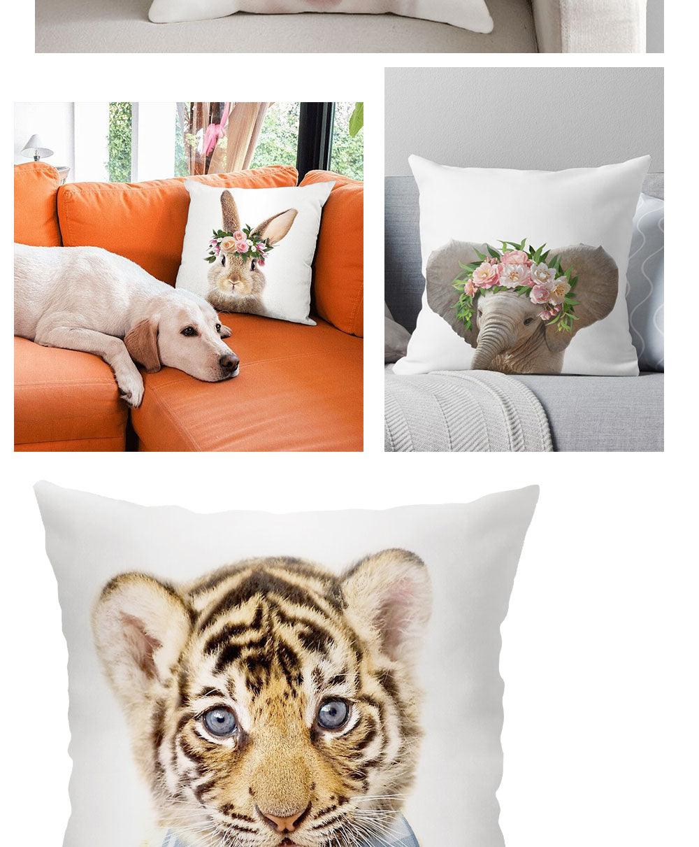 Cute Baby Animals Pattern Pillow Case Cotton Linen Cushion Cover for Home Sofa Pillow Covers, Cushion Covers Tiger Bunny Rabbit Horse Sheep Bear With Head Flowers Decorative Velvet Pillow Covers 45X45CM Stevvex