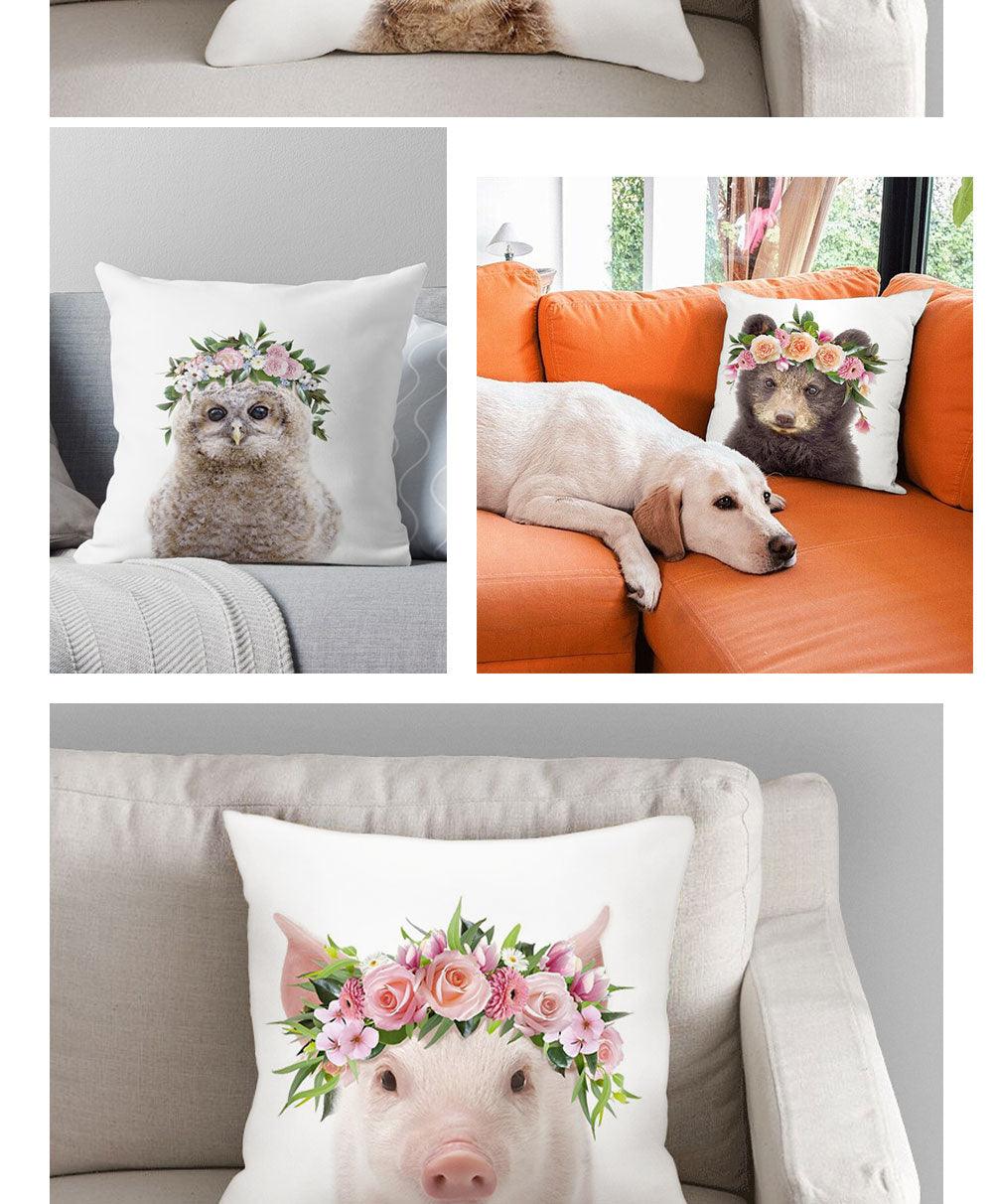 Cute Baby Animals Pattern Pillow Case Cotton Linen Cushion Cover for Home Sofa Pillow Covers, Cushion Covers Tiger Bunny Rabbit Horse Sheep Bear With Head Flowers Decorative Velvet Pillow Covers 45X45CM Stevvex