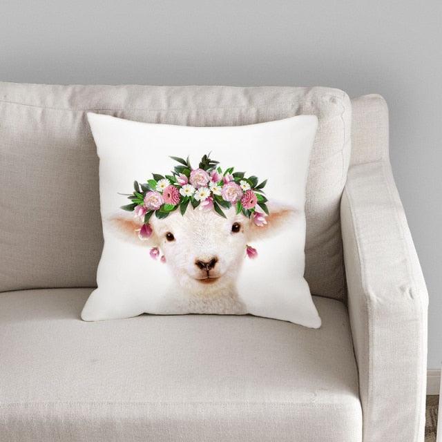 Cute Baby Animals Pattern Pillow Case Cotton Linen Cushion Cover for Home Sofa Pillow Covers, Cushion Covers Tiger Bunny Rabbit Horse Sheep Bear With Head Flowers Decorative Velvet Pillow Covers 45X45CM Stevvex