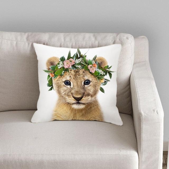 Cute Baby Animals Pattern Pillow Case Cotton Linen Cushion Cover for Home Sofa Pillow Covers, Cushion Covers Tiger Bunny Rabbit Horse Sheep Bear With Head Flowers Decorative Velvet Pillow Covers 45X45CM Stevvex