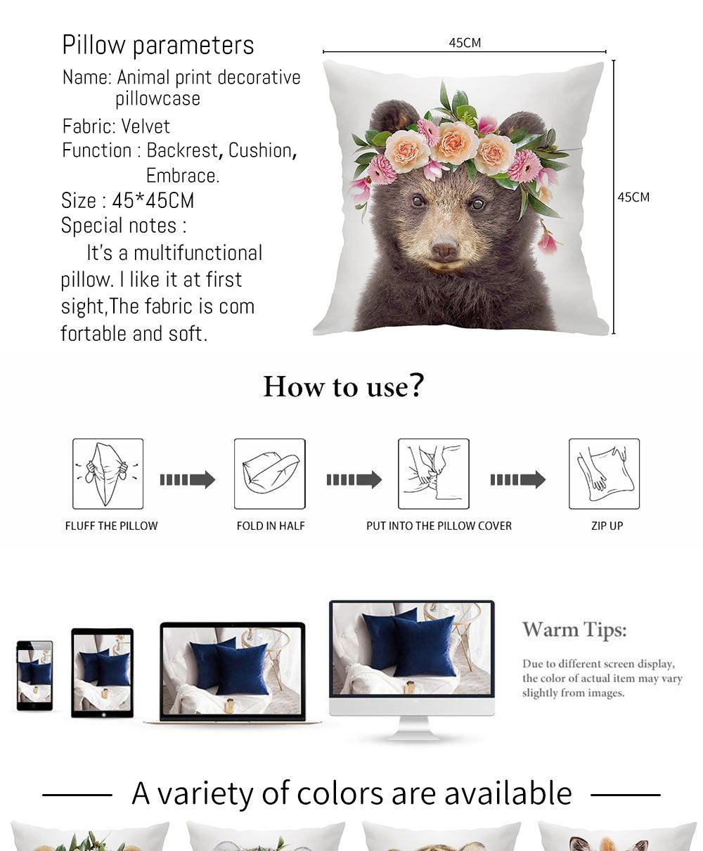 Cute Baby Animals Pattern Pillow Case Cotton Linen Cushion Cover for Home Sofa Pillow Covers, Cushion Covers Tiger Bunny Rabbit Horse Sheep Bear With Head Flowers Decorative Velvet Pillow Covers 45X45CM Stevvex