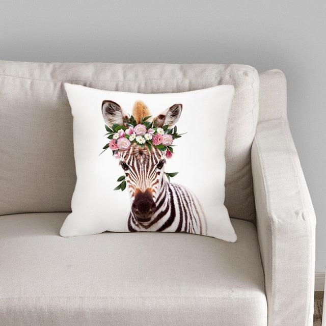 Cute Baby Animals Pattern Pillow Case Cotton Linen Cushion Cover for Home Sofa Pillow Covers, Cushion Covers Tiger Bunny Rabbit Horse Sheep Bear With Head Flowers Decorative Velvet Pillow Covers 45X45CM Stevvex