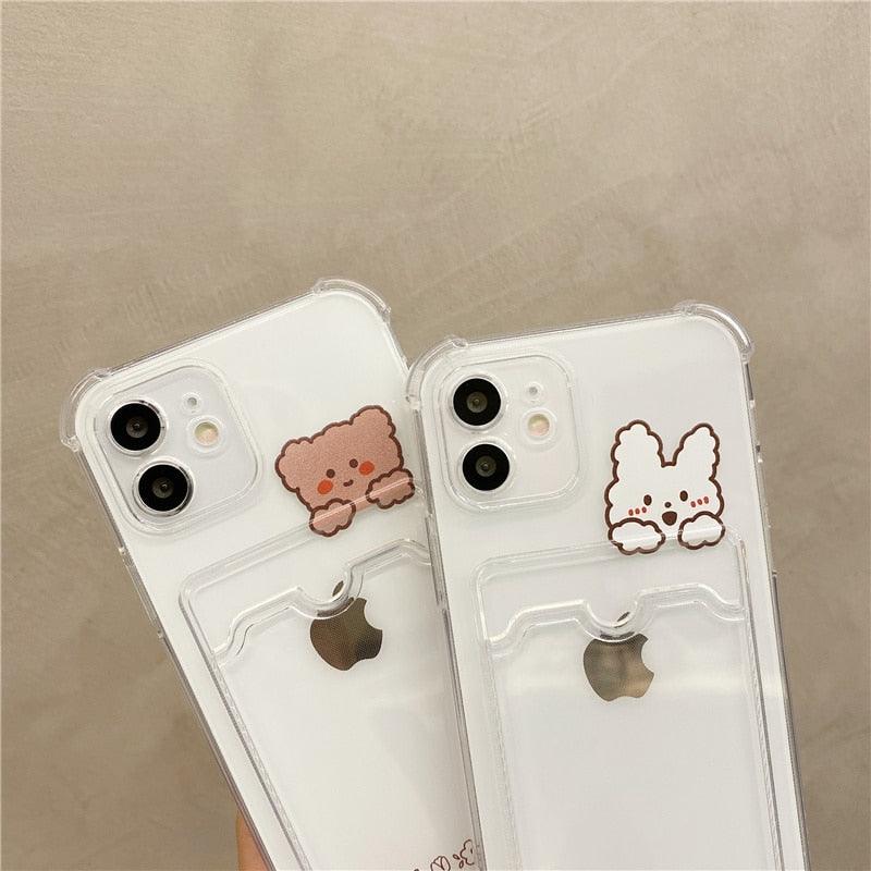 Cute Bear Cartoon Rabbit Shockproof Phone Case For iPhone 11 12 13 14 Pro Funny Soft Wallet Cover Cute Bear Design Soft Slim Card Slot Case Aesthetic Card Holder Case Stevvex