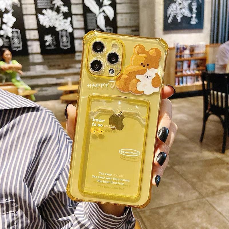 Cute Bear Cartoon Rabbit Shockproof Phone Case For iPhone 11 12 13 14 Pro Funny Soft Wallet Cover Cute Bear Design Soft Slim Card Slot Case Aesthetic Card Holder Case Stevvex