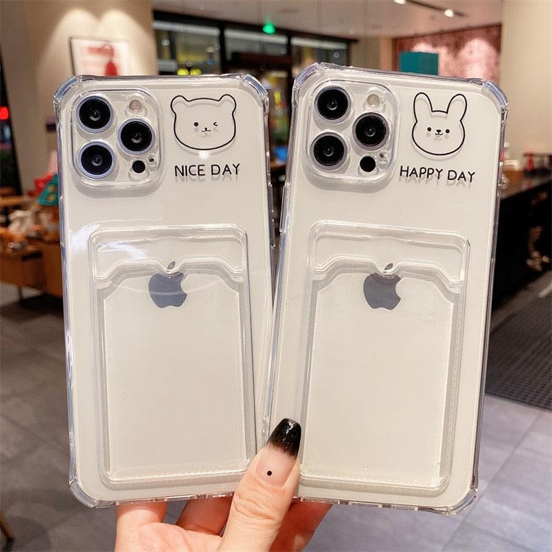 Cute Bear Cartoon Rabbit Shockproof Phone Case For iPhone 11 12 13 14 Pro Funny Soft Wallet Cover Cute Bear Design Soft Slim Card Slot Case Aesthetic Card Holder Case Stevvex