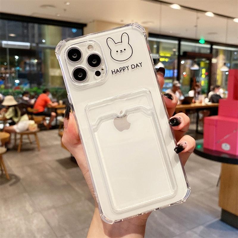 Cute Bear Cartoon Rabbit Shockproof Phone Case For iPhone 11 12 13 14 Pro Funny Soft Wallet Cover Cute Bear Design Soft Slim Card Slot Case Aesthetic Card Holder Case Stevvex
