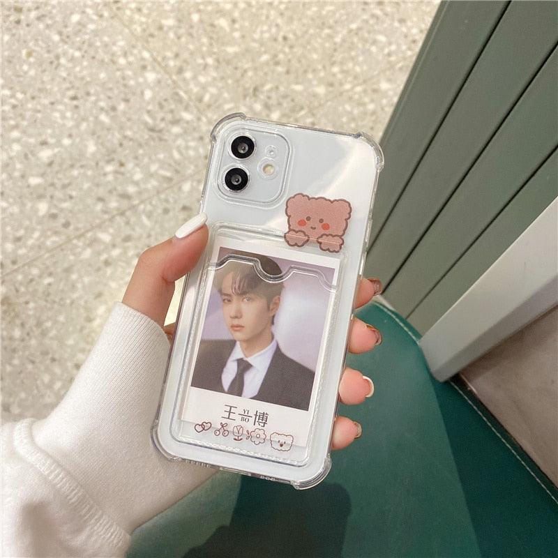 Cute Bear Cartoon Rabbit Shockproof Phone Case For iPhone 11 12 13 14 Pro Funny Soft Wallet Cover Cute Bear Design Soft Slim Card Slot Case Aesthetic Card Holder Case Stevvex
