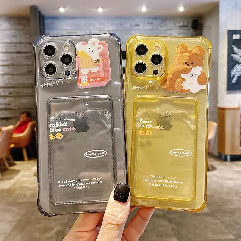 Cute Bear Cartoon Rabbit Shockproof Phone Case For iPhone 11 12 13 14 Pro Funny Soft Wallet Cover Cute Bear Design Soft Slim Card Slot Case Aesthetic Card Holder Case Stevvex