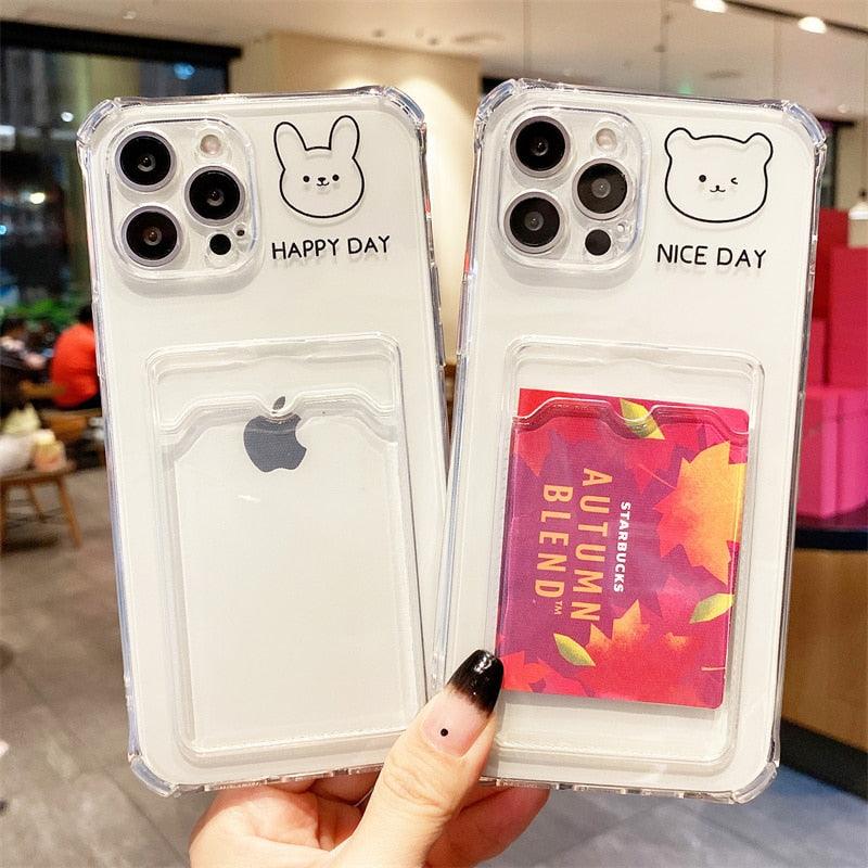 Cute Bear Cartoon Rabbit Shockproof Phone Case For iPhone 11 12 13 14 Pro Funny Soft Wallet Cover Cute Bear Design Soft Slim Card Slot Case Aesthetic Card Holder Case Stevvex