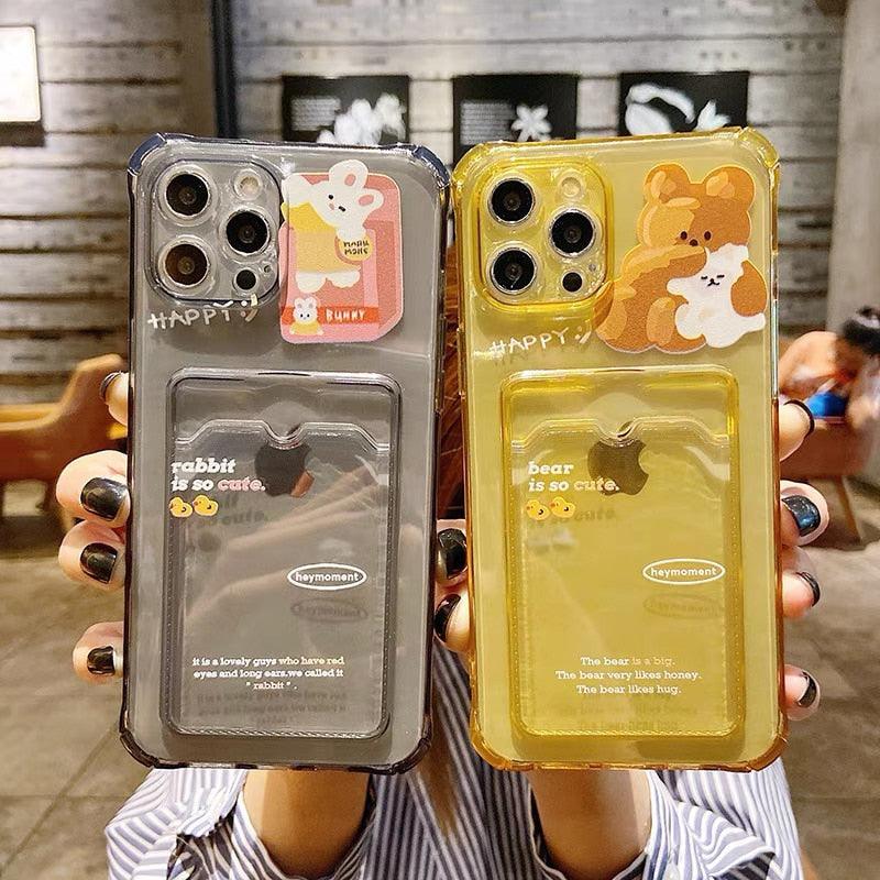 Cute Bear Cartoon Rabbit Shockproof Phone Case For iPhone 11 12 13 14 Pro Funny Soft Wallet Cover Cute Bear Design Soft Slim Card Slot Case Aesthetic Card Holder Case Stevvex