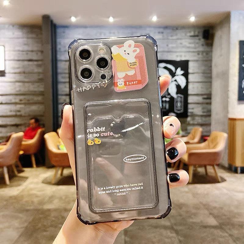 Cute Bear Cartoon Rabbit Shockproof Phone Case For iPhone 11 12 13 14 Pro Funny Soft Wallet Cover Cute Bear Design Soft Slim Card Slot Case Aesthetic Card Holder Case Stevvex