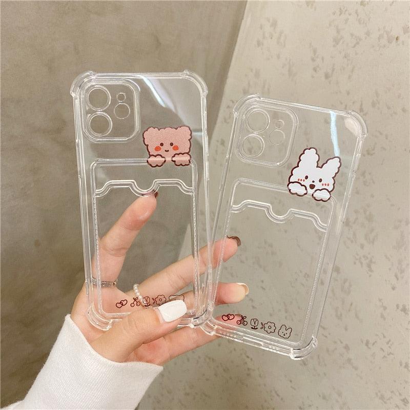 Cute Bear Cartoon Rabbit Shockproof Phone Case For iPhone 11 12 13 14 Pro Funny Soft Wallet Cover Cute Bear Design Soft Slim Card Slot Case Aesthetic Card Holder Case Stevvex