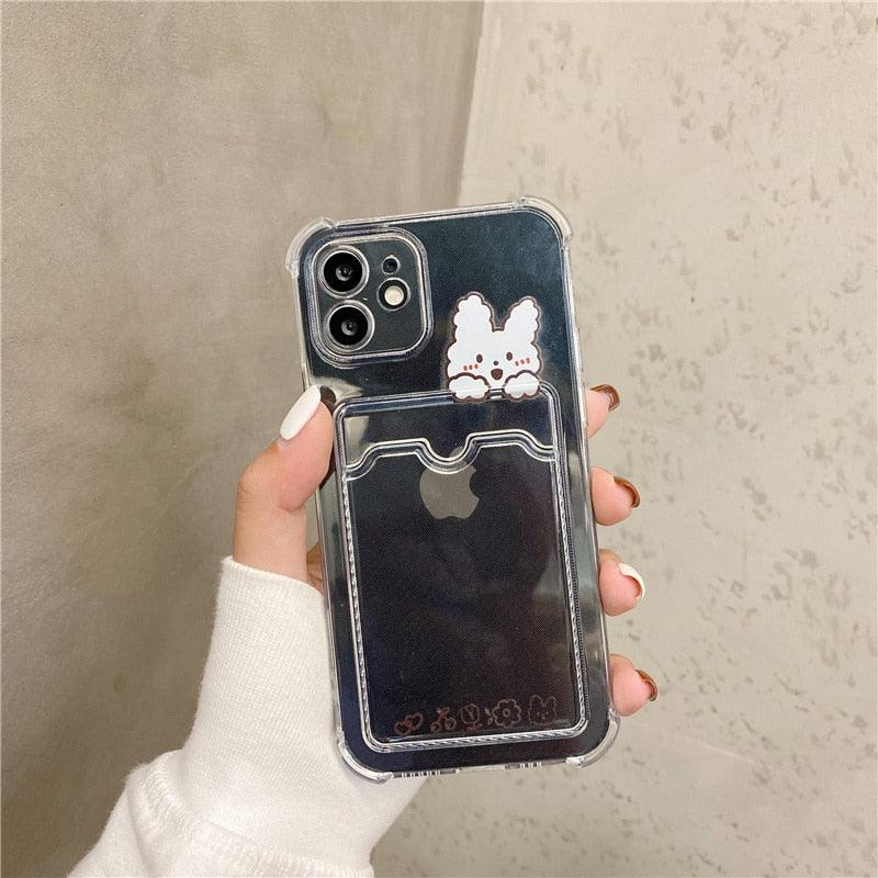 Cute Bear Cartoon Rabbit Shockproof Phone Case For iPhone 11 12 13 14 Pro Funny Soft Wallet Cover Cute Bear Design Soft Slim Card Slot Case Aesthetic Card Holder Case Stevvex