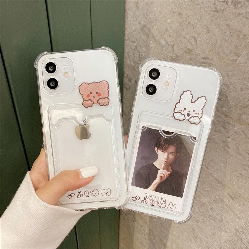 Cute Bear Cartoon Rabbit Shockproof Phone Case For iPhone 11 12 13 14 Pro Funny Soft Wallet Cover Cute Bear Design Soft Slim Card Slot Case Aesthetic Card Holder Case Stevvex