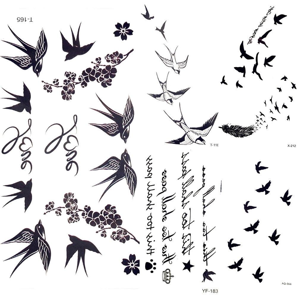 Cute Black Birds Temporary Waterproof Stickers Tattoo Flower Body Elegant Bird Butterfly Style For Womens Stevvex