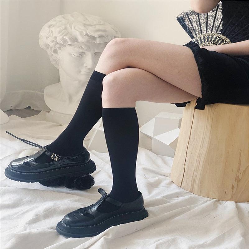 Cute Black White Velvet Warm Long Socks Solid Color Knee High Female Socks Fashion Nylon Stockings For Women Stevvex