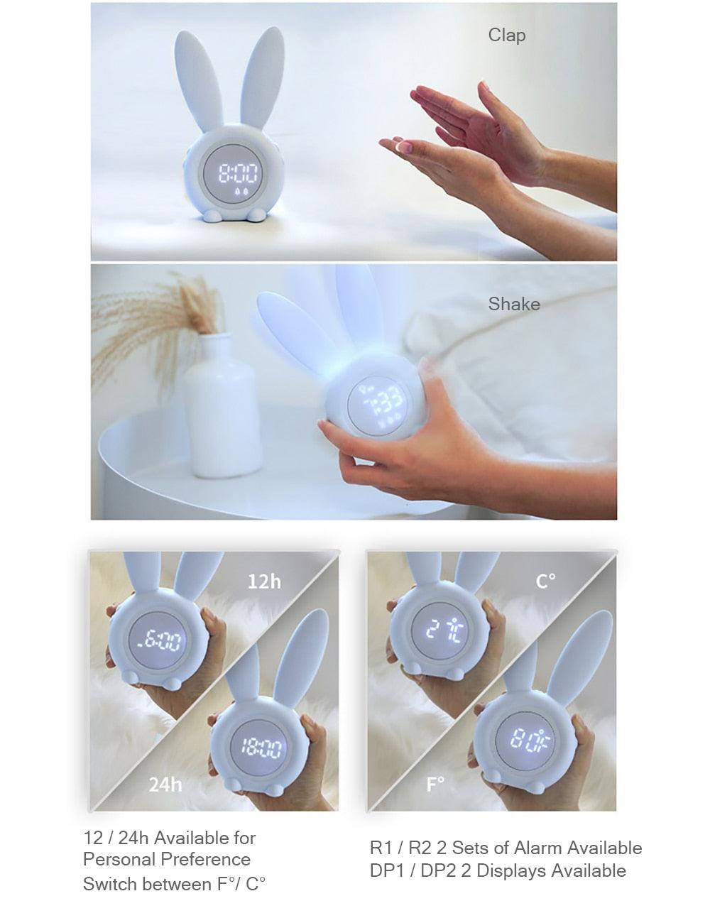 Cute Bunny Ear LED Digital Alarm Clock Electronic Kids Alarm Clock for Kids Children's Alarm Clocks for Girls Boys Bedroom Night Light for Kids Touch Control and Snoozing with USB Sound Control Rabbit Night Lamp Desk Clock Home Decoration Stevvex