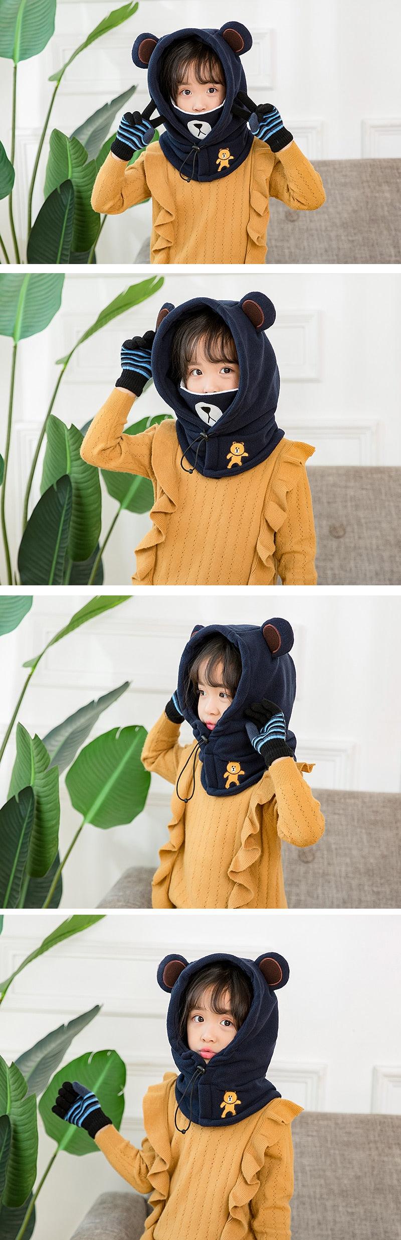 Cute Cartoon Children Winter Animal Bear Ski Masks Hats Kids Baby Thermal Fleece Balaclava Face Beanies Warmer Skellies Hats Kids Winter Fleece Warmer Balaclava Cap Thermal Tactical Military Helmet Windproof Full Face Mask Cover Ski Beanies Stevvex