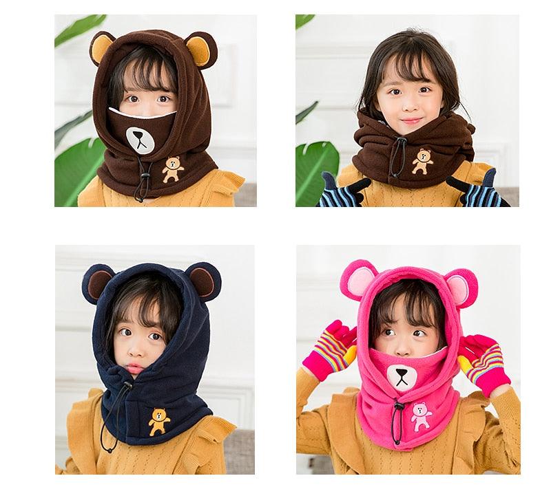 Cute Cartoon Children Winter Animal Bear Ski Masks Hats Kids Baby Thermal Fleece Balaclava Face Beanies Warmer Skellies Hats Kids Winter Fleece Warmer Balaclava Cap Thermal Tactical Military Helmet Windproof Full Face Mask Cover Ski Beanies Stevvex