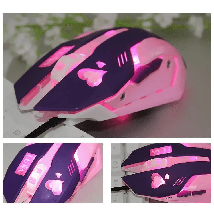 Cute Gaming USB Wired Mouse Girls Pink Computer Professional 2400 DPI Mouse Colorful Silent Mouse For PC Stevvex
