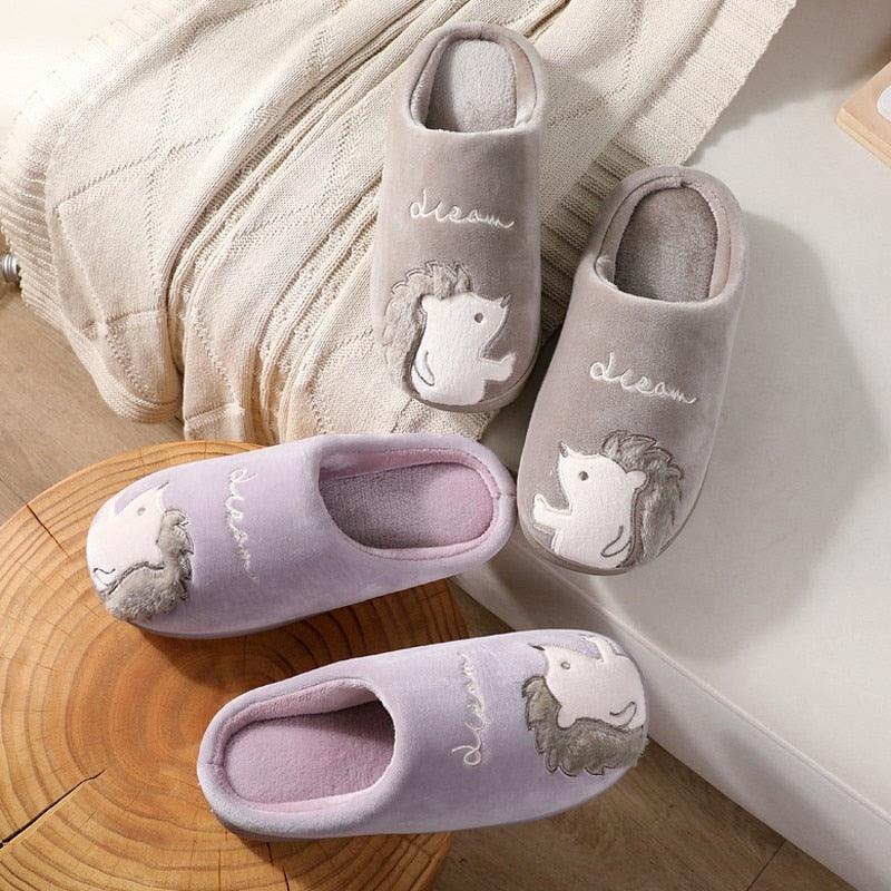 Cute Hedgehog Women Winter Home Slippers Animal Slip On Soft Warm House Shoes Men Couple Indoor Bedroom Footwear Soft Cozy Home Slippers For Women Slip On Comfy Women's Washable Cotton Bedroom Slippers Stevvex