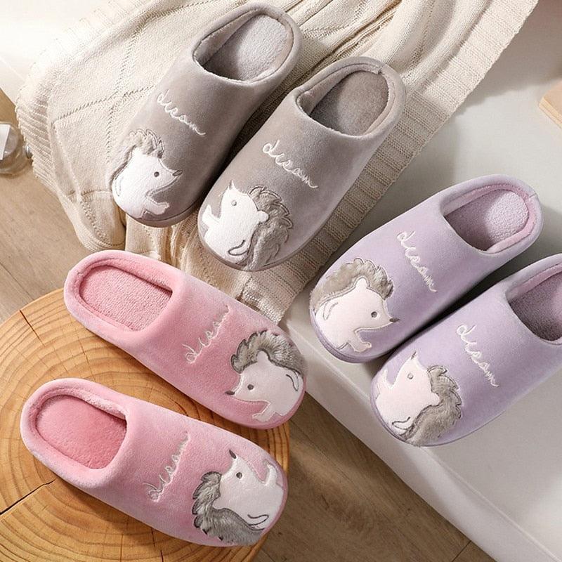 Cute Hedgehog Women Winter Home Slippers Animal Slip On Soft Warm House Shoes Men Couple Indoor Bedroom Footwear Soft Cozy Home Slippers For Women Slip On Comfy Women's Washable Cotton Bedroom Slippers Stevvex