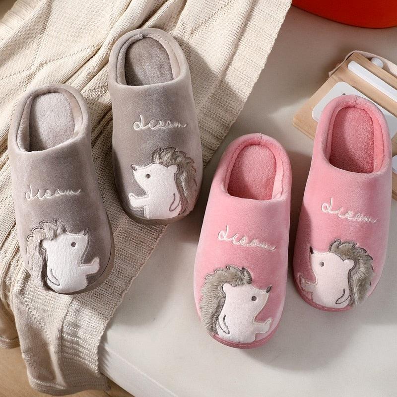 Cute Hedgehog Women Winter Home Slippers Animal Slip On Soft Warm House Shoes Men Couple Indoor Bedroom Footwear Soft Cozy Home Slippers For Women Slip On Comfy Women's Washable Cotton Bedroom Slippers Stevvex