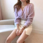 Cute Kitty Chic Fashionable V-Neck Single Breasted Mink Short Knitted Sweaters Outerwear For Women Autumn Long Sleeve Sweater Coat Stevvex